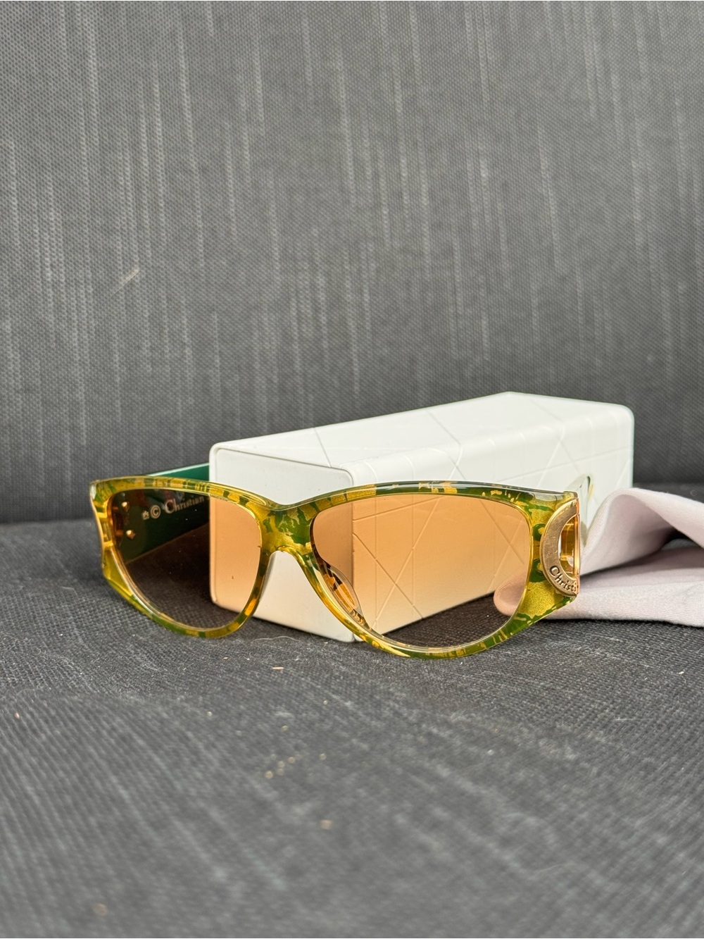 Vintage Dior Amber Lens Green Tortoise Cat-Eye Sunglasses with Gold Logo